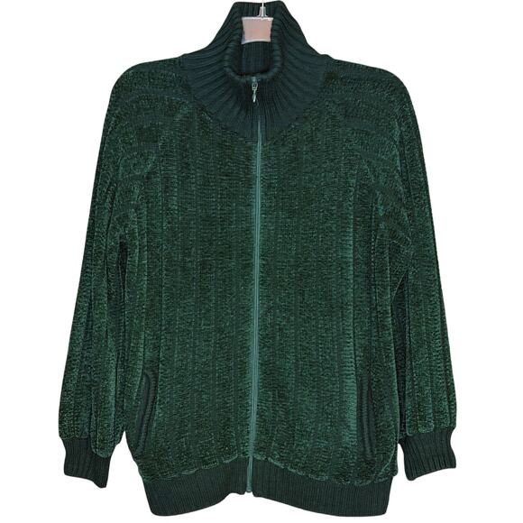 Draper’s & Damon’s Green Chenille Zip Cardigan Ribbed Trim Pockets Cottage Sz S - Picture 3 of 10